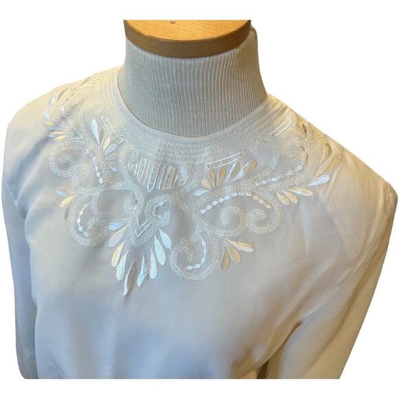 Retro Susan Hutton Embroidered Jewel Neck Blouse Size 8 Petite Cream Long Sleeve - Picture 2 of 13